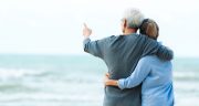 Asian Lifestyle Senior Couple Hug On The Beach Happy In Love Rom