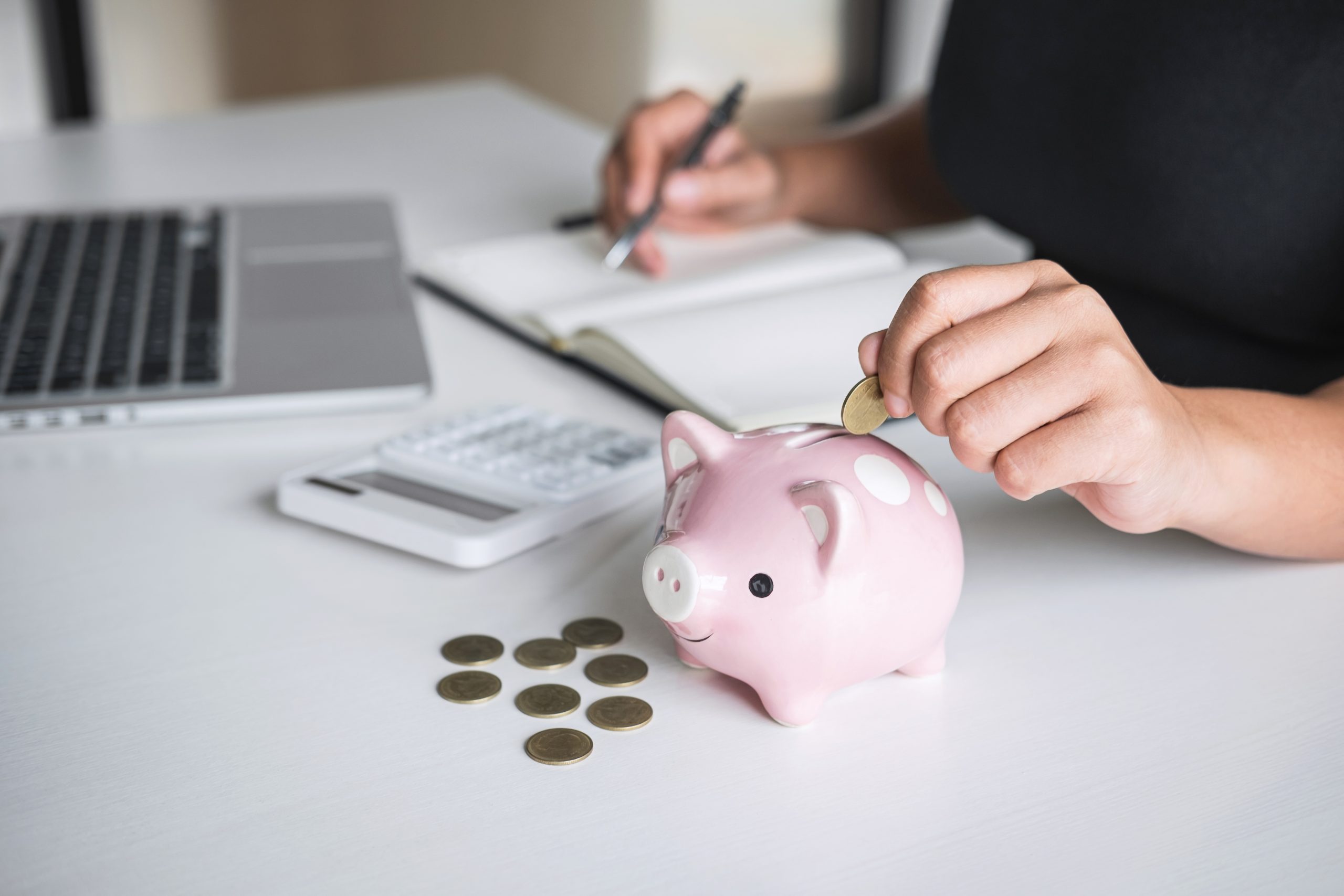 Woman Putting Golden Coin In Pink Piggy Bank For Step Up Growing